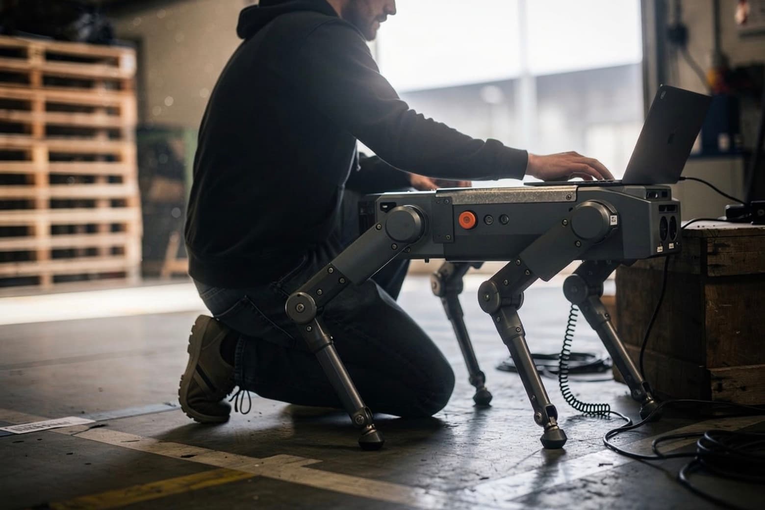 An engineer kneeling beside a quadruped robot, typing on a laptop
