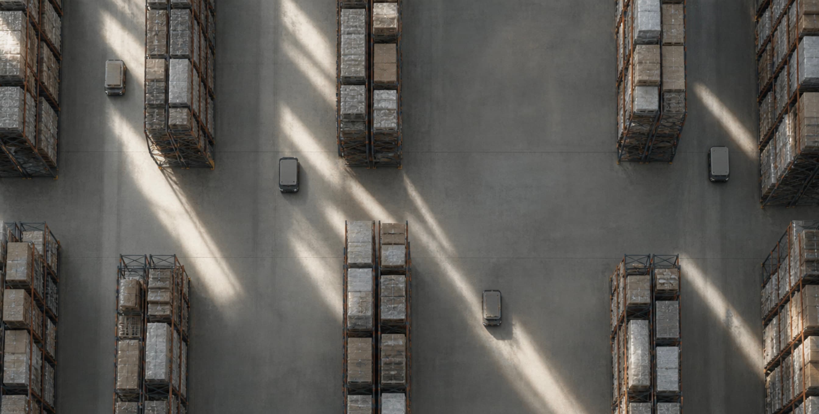Overhead view of warehouse racking with robots moving between the aisles