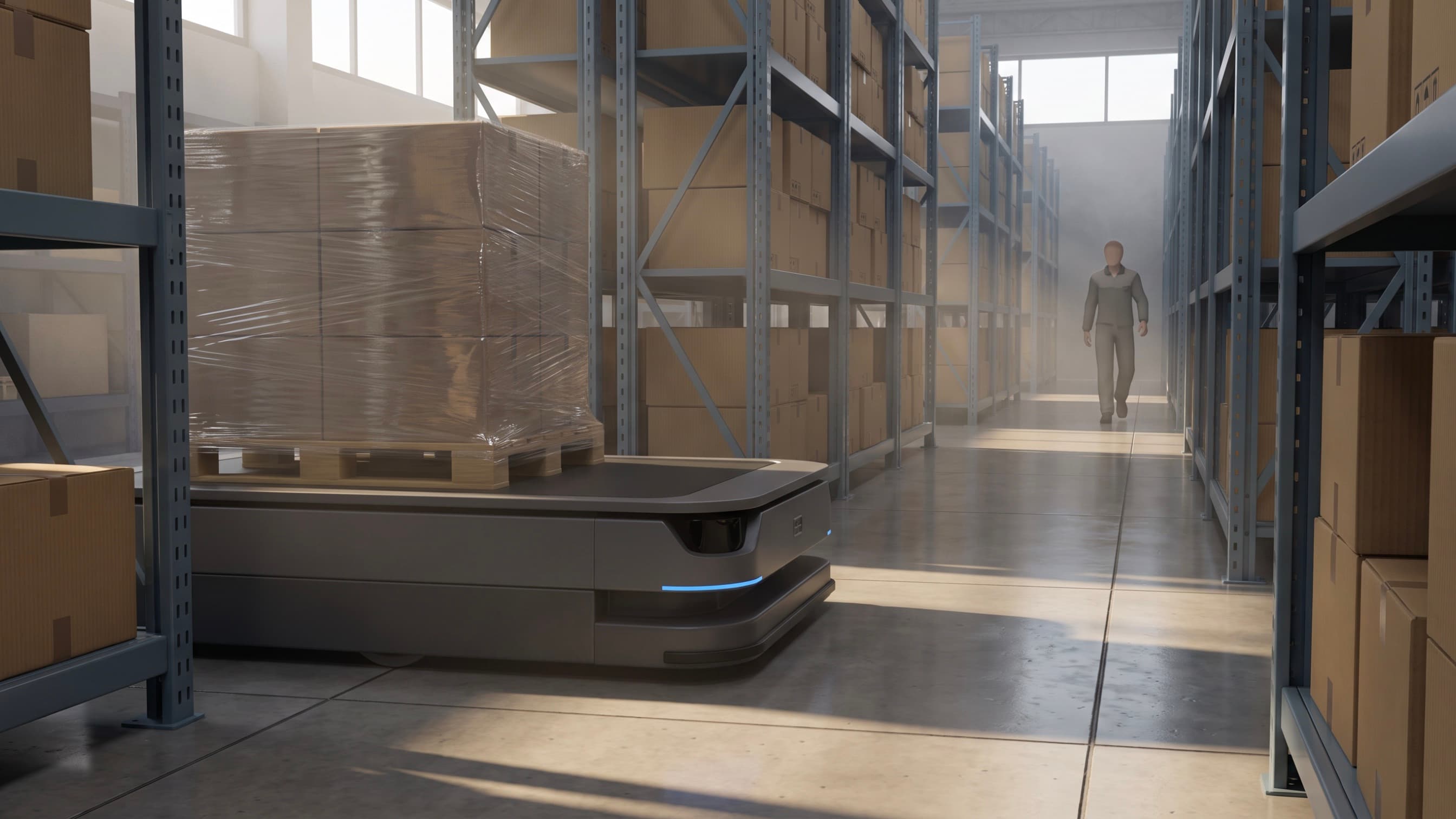 An autonomous mobile robot carrying a wrapped pallet down a warehouse aisle