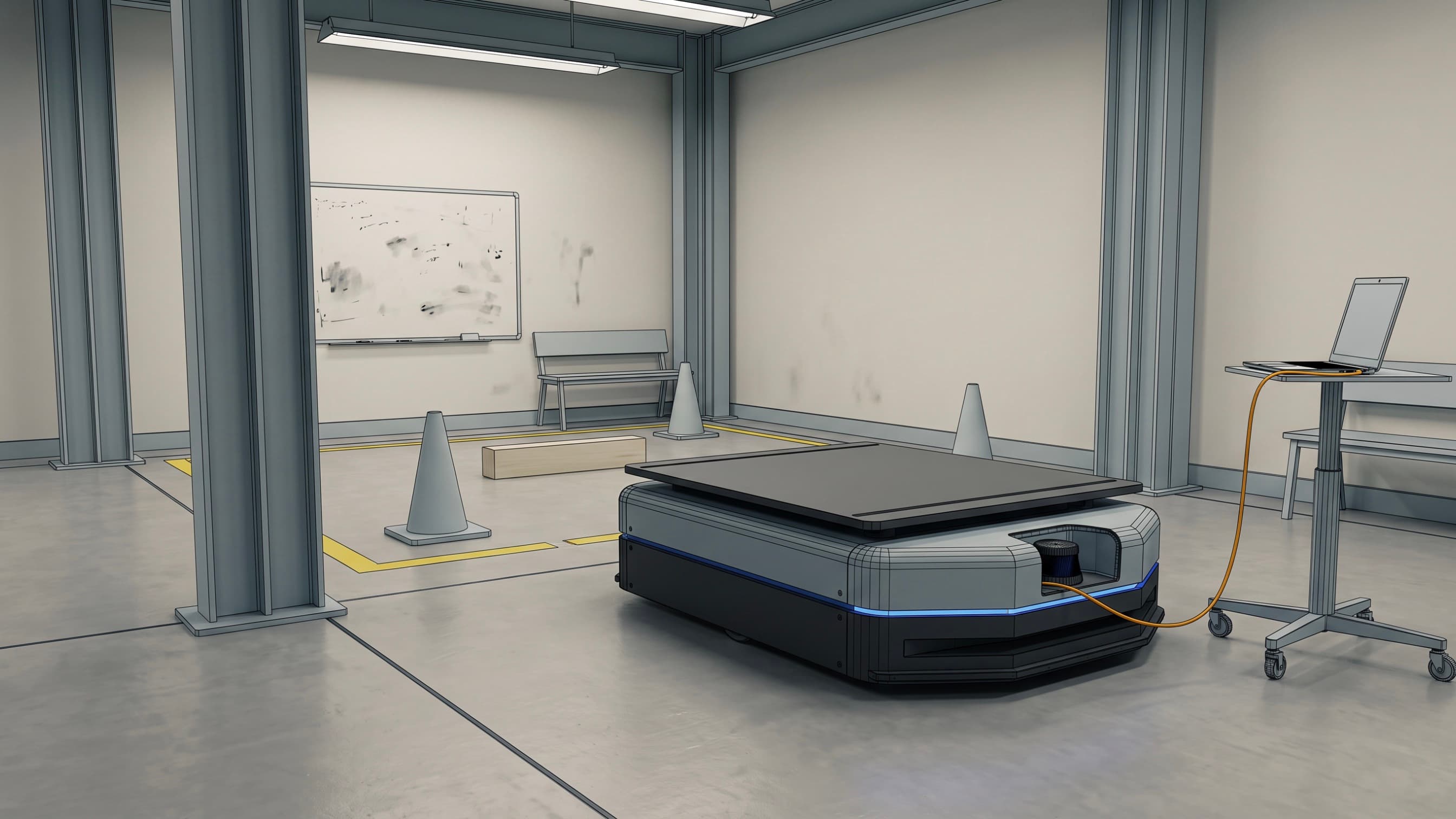 Before: an empty robotics test lab with traffic cones and taped floor markings